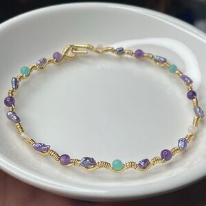 Mermaid bangle bracelet 8” gold copper core lavender dyed pearl amethyst rose qu